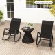 Two black patio rocking chairs with ergonomic backrests, perfect for relaxing in the backyard or poolside.