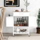 Rolling kitchen island cart in white with rubber wood countertop, pull-out drawer, and storage for kitchen supplies.