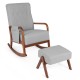 Gray rocking chair with ottoman, featuring a solid rubber wood frame and tufted design, perfect for living room.