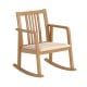 Natural rocking chair with slatted back, curved armrests, and soft linen seat for comfortable relaxation.