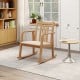 Natural rocking chair with slatted back, curved armrests, and soft linen seat, perfect for relaxing in any room.
