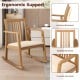 Rocking chair with slatted back and curved armrests, made of natural rubber wood for comfort and stability.