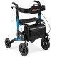 Folding rollator walker in blue with padded seat, adjustable height, and oversized wheels for seniors' mobility and.