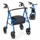 Blue rollator walker with seat, height adjustable handles, and storage bag, designed for stability and comfort.