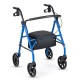 Blue rollator walker with a padded seat and backrest, designed for comfort and stability with a sturdy metal frame.