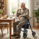 Rollator walker with seat in blue, featuring height adjustable handles and a sturdy frame, ideal for indoor use.