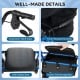 Ergonomic hand grips, padded seat, and under-seat storage bag of the blue rollator walker for comfort and convenience.