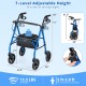 Blue rollator walker with seat, 7 adjustable height settings, sturdy frame, and storage bag for personal belongings.