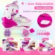 Adjustable roller skates in rose red with light-up wheels, designed for teens ages 13+, featuring a secure strap and.