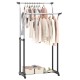Double rod garment rack in black with adjustable height, designed for organized clothing storage and easy mobility.