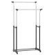 Double rod garment rack with adjustable height, heavy-duty metal construction, and smooth-rolling casters for easy.
