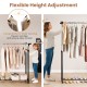 Rolling clothes rack with adjustable height from 42" to 69", featuring curved rods for wrinkle prevention and smooth.