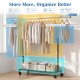 Extendable garment stand with hanging rods and storage bins, designed for efficient organization in laundry or bedroom.