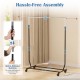 Extendable rolling clothes rack with quick-release buttons and sturdy metal tubes, ideal for laundry and bedroom use.