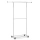 Double-rod extendable garment stand with wheels, adjustable height, and extra storage for versatile clothing.