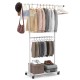 Rolling clothes rack with double rods, adjustable height, and wheels for easy mobility, ideal for laundry or bedroom.