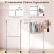 Rolling clothes rack with double rods, adjustable height, and wheels for easy mobility, ideal for laundry rooms and.