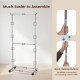 Rolling clothes rack with double-rod design, adjustable height, and quick-release buttons for easy assembly and.