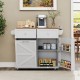 Rolling kitchen island in grey with drop leaf top, storage drawers, and trash can cabinet, perfect for kitchen.