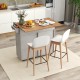 Rolling kitchen island with a drop leaf top, trash cabinet, and two bar stools, perfect for dining and storage.