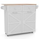 Rolling kitchen island in grey with drop leaf top, two drawers, and tilt-out trash cabinet on rubber wheels for easy.