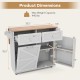 Rolling kitchen island dimensions with a spacious top, two drawers, and a tilt-out trash cabinet for versatile storage.