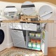 Rolling kitchen island in grey with drop leaf top, storage drawers, and rubber wheels for easy mobility in your kitchen.