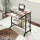 Rolling laptop table in grey with pull-out keyboard tray, hooks, and bottom shelf, ideal for home office use.