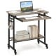 Rolling laptop table in grey with pull-out keyboard tray, hooks, and bottom shelf for convenient storage on wheels.