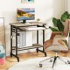 Rolling laptop table in grey with pull-out keyboard tray, hooks, and bottom shelf for computer tower, ideal for.