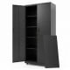 Black rolling metal storage cabinet with adjustable shelves, lockable doors, and 4 smooth wheels for easy mobility.