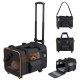 Rolling pet carrier with breathable mesh windows, telescopic pull rod, and removable wheels for easy travel with pets.