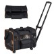 Rolling pet carrier with breathable mesh windows, soft pad, and telescopic pull rod for easy travel with pets.