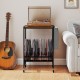 Rolling record player stand in rustic brown with vinyl storage, featuring a wide tabletop and smooth rolling wheels.