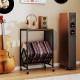 Rolling record player stand with vinyl storage, rustic brown finish, and magazine holder, perfect for organizing music.