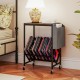 Rolling record player stand in rustic brown with vinyl storage, magazine holder, and smooth rolling wheels for easy.