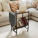 Rolling record player stand in rustic brown with magazine holder pouch, featuring a sturdy metal frame and smooth.