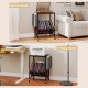 Rolling record player stand in rustic brown with magazine holder, ideal for stylish vinyl storage beside a sofa.