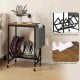 Rolling record player stand with rustic brown finish, featuring vinyl storage, magazine holder, and heavy-duty metal.