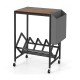 Rolling record player stand with rustic brown tabletop, vinyl storage, and magazine holder, featuring a sturdy metal.