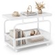 Narrow rolling side table features a stylish faux marble top and a breathable mesh basket for convenient storage solutions.