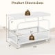 Dimensions of the white rolling side table with a faux marble top, featuring a mesh storage basket and smooth-rolling wheels.
