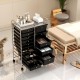 Close-up view of the rolling storage cart's black drawers and chrome-plated frame, perfect for versatile organization.