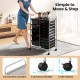 Rolling storage cart with 15 black drawers and chrome-plated metal frame, featuring convenient handles and wheels for.