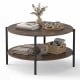 Round coffee table with rustic brown finish, featuring a spacious top and open storage shelf for living room essentials.