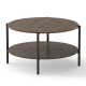 Round coffee table with rustic brown finish, featuring a 2-tier design and open storage shelf for living room.