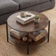 Round coffee table with rustic brown wood grain, showcasing a sleek finish and safe round edges for a modern living.