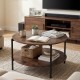Round coffee table in rustic brown with open storage shelf, ideal for living room essentials and easy maintenance.