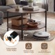 Round coffee table with rustic brown finish, featuring a 2-tier design and adjustable metal legs for stability and.