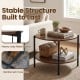 Round coffee table in rustic brown showcasing a sturdy metal frame and cross bars, perfect for stylish storage in any.